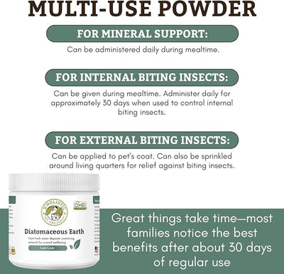 Wholistic Pet Organics Diatomaceous Earth - Food Grade for Dogs & Cats - 26 Oz - Multi Use Powder - Pet Safe Non-Chemical Freshwater Sourced Silica Supports Overall Health - Made in USA - 210 Scoops