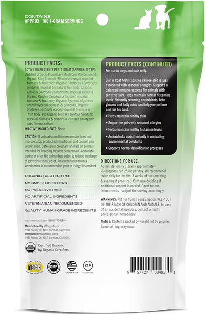 Om Mushroom Matrix Pet - Canine | Skin & Coat | USA Grown Human-Grade Organic Mushroom Powder Pet Supplement | Seasonal Allergy Skin & Coat Support for Dogs & Cats | 100 Grams, 3.5 oz