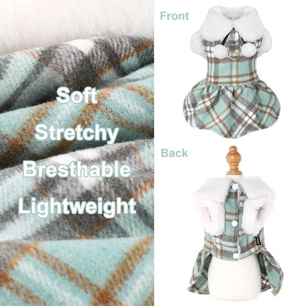 Dog Sweater with Leash Set Plaid Fleece Dog Clothes for Small Dogs Girl Boy Winter Pet Dress Cold Weather Coat Fall Sweater for Chihuahua Yorkie Cat Puppy Costumes (Turquoise, Medium)