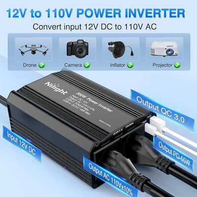 Nilight 300W Power Inverter 12V DC to 110V AC Car Converter with PD 65W USB C & QC3.0 for Phones Tablets Laptop Computer Game Console Kindle iPad DVD Players Black