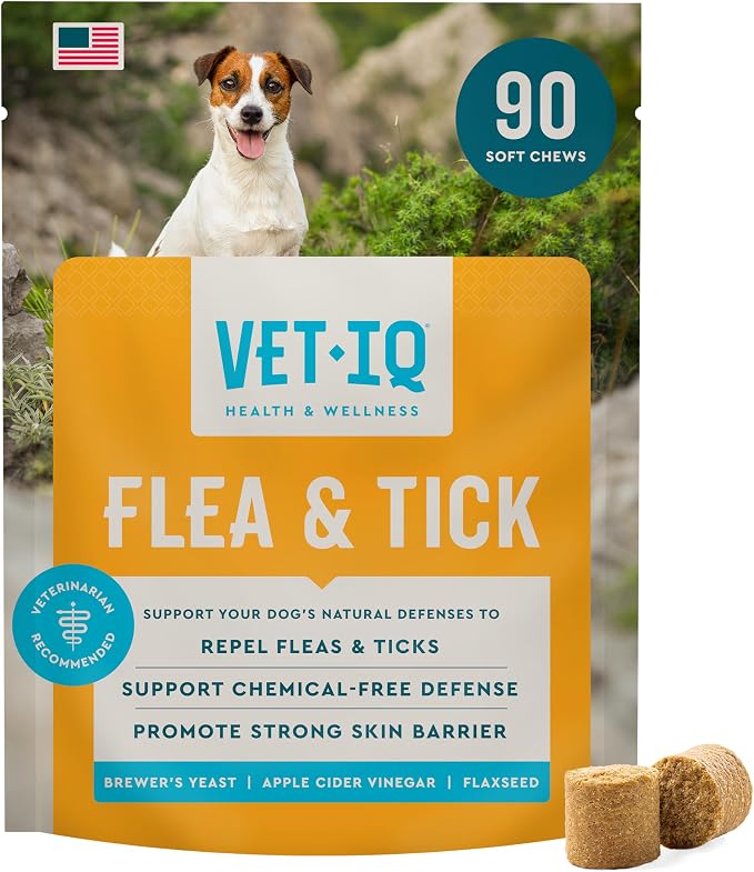 VetIQ Flea & Tick Support for Dogs, Flea and Tick Chewable, Supports Dog's Natural Flea Defenses, Free of Added Chemicals and Garlic, Hickory Smoke Flavor, 90 Count