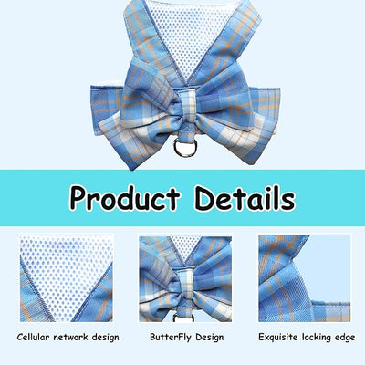 Plaid Dog Dress Bow Tie Harness Leash Set,Dog Clothes Harness Dress with Leash Ring for Small Dogs Girl, Puppy Princess Rabbit Clothes Chihuahua Yorkies Pet Outfits (Blue, Medium)