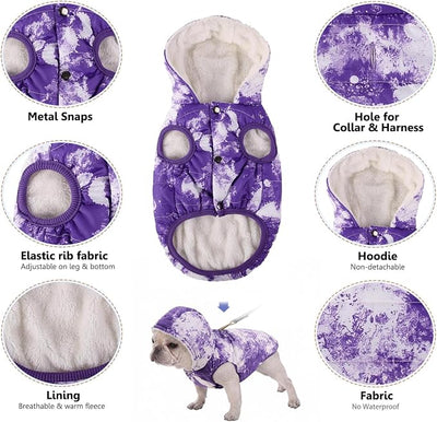 SAWMONG Waterproof Dog Winter Coat, Warm Fleece Lined Dog Jacket with Hood, Windproof Puppy Coat, Pet Apparel Vest Outdoor&Indoor Winter Activities(TiedyePurple,XXXL)