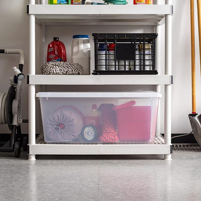 IRIS USA 91 Qt Stackable Plastic Storage Bins with Lids, 4 Pack - BPA-Free, See-Through Organizing Solution, Latches, Durable Nestable Containers, Secure Pull Handle, Made in USA - Clear