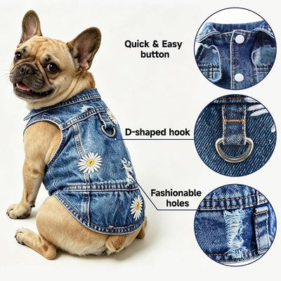 Dog Jean Jacket, Blue Denim Shirt Classic Lapel Vest Coat Costume Puppy T-Shirt, Comfort Tank Top Cool Apparel, Washed Pet Clothes for Dogs Boy Girl (Daisy Meadow with D-Ring, X-Large)