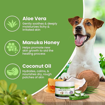 Hot Spot Treatment for Dogs - Pet Wound Care: Healing Ointment for Pets Itchy Skin Relief, Dry Skin Treatment, Natural Allergy Relief, Dog Paw Balm + Manuka Honey, Aloe Vera, Vitamin E (8 Oz.)