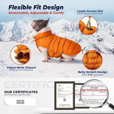 SPACE LION Dog Puffer Jacket, Down Winter Coat, Durable Outdoor Coat for Cold and Windy Conditions, Lightweight & Adjustable Fit Coats for Medium & Large Dogs, (Orange, Size 16 Gift Box)