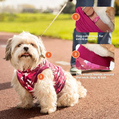 Suitical Recovery Suit for Dogs | Spay and Neutering Dog Surgery Recovery Suit for Male or Female | Soft Fabric for Skin Conditions | S+ | Neck to Tail 19.3”-22.4” | Pink Camouflage
