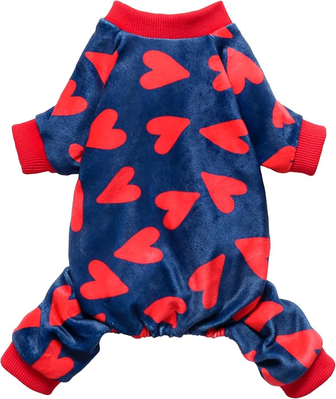 Fitwarm Valentines Day Sweet Hearts Dog Pajamas, Dog Winter Clothes for Small Dogs Girl Boy, Lightweight Velvet Pet Jumpsuit, Cat Onesie, Dark Blue, Red, Large