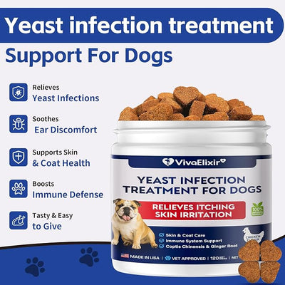 Yeast infection treatment for dogs–Dog ear infection treatment Dog itching skin relief | Caprylic Acid, Pau d’Arco & Goldenseal support Hot spot treatment for dogs Ear Discomfort |120 chewable tablets