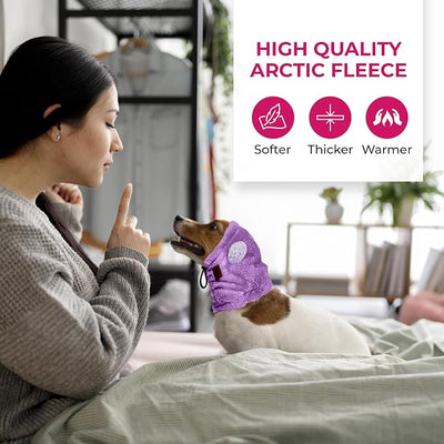Dog Ear Muffs Noise Protection - Soft Calming Hood for Anxiety Relief, Fireworks, Thunder, Grooming & Vet Visits - Elastic Band & Comfortable Neck Warmer for Travel (Purple, Small)