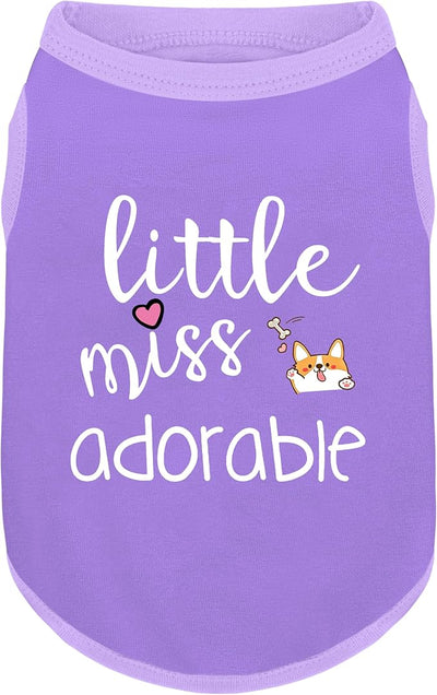 Cotton Dog Shirt with 'Little Miss Adorable' Corgi Head Print, Soft & Breathable Pet Apparel for Small, Medium, and Large Dogs, All-Season Sleeveless Vest, Cute and Comfortable Dog Outfit.Purple L