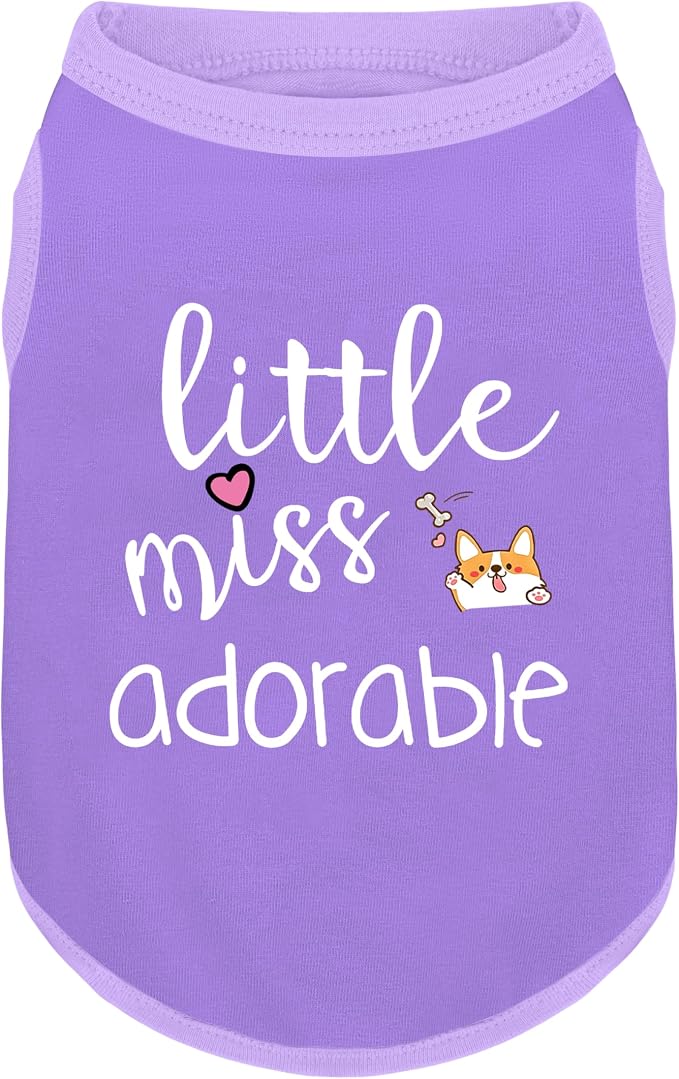 Cotton Dog Shirt with 'Little Miss Adorable' Corgi Head Print, Soft & Breathable Pet Apparel for Small, Medium, and Large Dogs, All-Season Sleeveless Vest, Cute and Comfortable Dog Outfit.Purple XS
