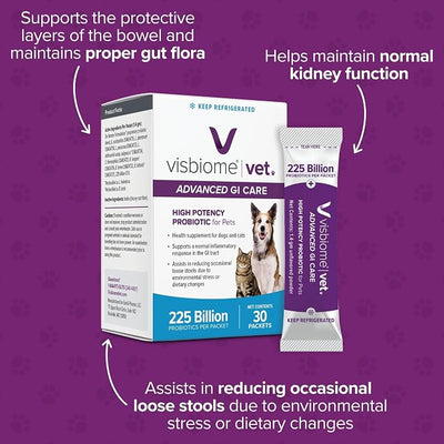 Visbiome® Vet Advanced GI Care High Potency Probiotic for Dogs & Cats – 225B CFU, 8-Strain Formula – Refrigerated, Veterinarian Recommended, Clean Label Certified – 90 Packets