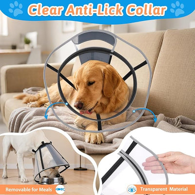 Extended Dog Cone to Stop Licking, Adjustable Depth, Transparent Recovery Collar for Large Medium Dogs, Soft E-Collar After Surgery Neuter with Reflective Strip for Night Visibility XXL