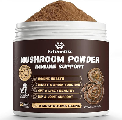 Turkey Tail Mushroom for Dogs & Cats, Organic 10 Mushroom Blend for Lipoma Lumps and Bumps, Dog Mushroom Supplements with 50% Beta Glucan, Joint Gut Immune Skin Support - 60g