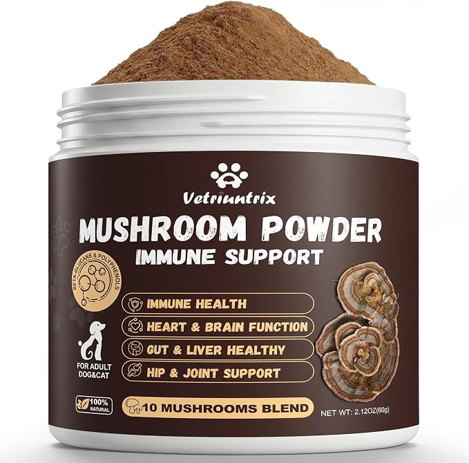 Turkey Tail Mushroom for Dogs & Cats, Organic 10 Mushroom Blend for Lipoma Lumps and Bumps, Dog Mushroom Supplements with 50% Beta Glucan, Joint Gut Immune Skin Support - 60g