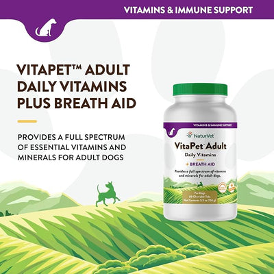 NaturVet VitaPet Adult Daily Vitamins for Dogs With Breath Aid – Includes Full Spectrum of Vitamins, Minerals, Omega-6 Fatty Acids, Parsley – Designed for Dogs Over 1 Year – 60 Ct.