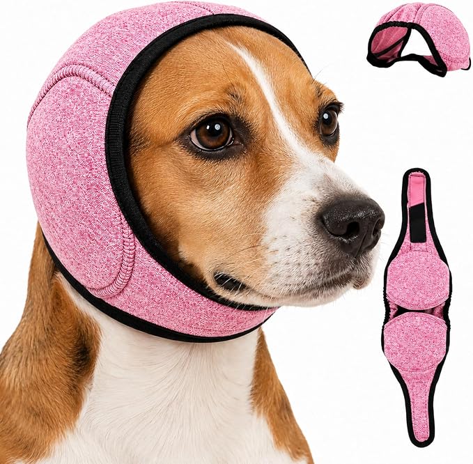 Noise Cancelling Ear Wrap,Quiet Dogs Calming Hoodie,Waterproof Dog Calming Hood,Dog No Shake Ear Muffs Noise Protection Firework Thunder Vacuum,Adjustable for Grooming Bathing & Swimming(Pink-M)