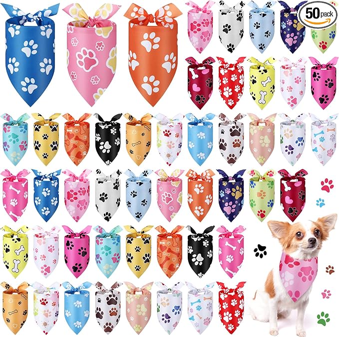 Abbylike 50 Pcs Paw Print Dog Bandanas Bulk Cute Footprint Bandanas for Dogs Triangle Kerchief Bib Scarf for Pets National Dog Day Party Costume Photo Props Accessories Pet Shops (31.5 x 21.7 x 21.7)