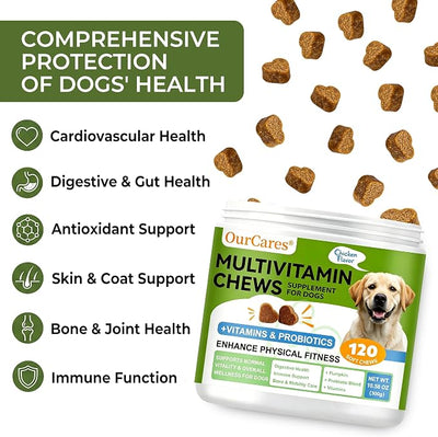 Dog Multivitamin Chewable - Vitamins and Supplements - Dog Daily Vitamin with Glucosamine Probiotics Omega-3 for Coat Hip Joint Heart Digestive Immune Health Support, Chicken Flavor, 12Ct