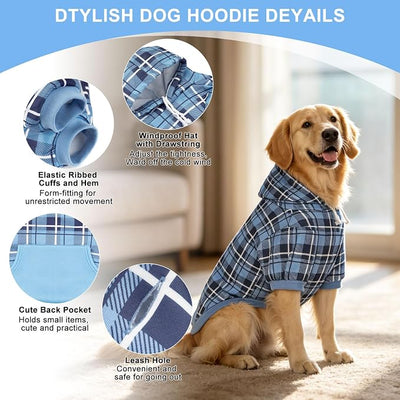 EXPAWLORER Plaid Dog Hoodie - British Style Warm Dog Sweater Shirt with Leash Hole,Pitbull Clothes Outfits,Winter Coat Apparel for All Breeds Puppy Girl Boy-Cat Apparel,Blue Large