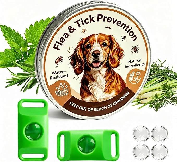 Natural Flea and Tick Prevention Pendant for Dogs Flea and Tick Collar, Waterproof Flea and Tick Repellent Dog Tag Safe for All Breeds & Sizes with 2 Silicone Buckles & 4 Refills, COLLAR NOT INCLUDED