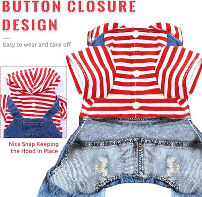 Small Dog Hoodie Clothes Cute Stripe Shirts Denim Jumpsuit One-Piece Outfit for Small Medium Dogs Cats Boy Girl Chihuahua Blue Jeans Overalls Puppy Costume (Red,M)