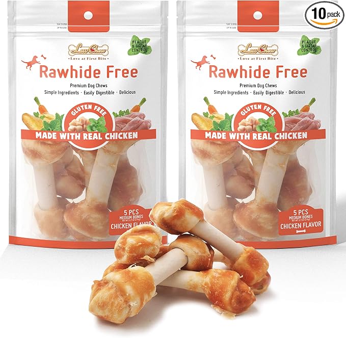 LuvChew Premium Dog Bones, Made with Real Chicken & Wholesome Vegetables, Rawhide Alternative, Medium 5pcs/Pack x 2packs