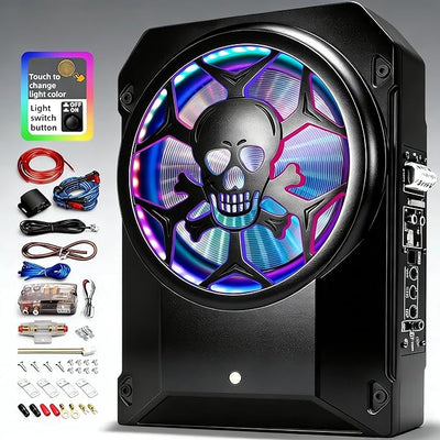 1600W Car Subwoofer, 10" Ultra-Thin Powered Under-Seat Sub with Built-in Amplifier, LPF/Gain/Bass Boost, Touch Control, Physical Switch Rhythm LED Ambient Light, Independent Bass Knob