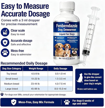 Dewormer for Dog, Fenbendazole Liquid Dog Dewormer, Broad Spectrum for All wormer, Tapeworms, Roundworms, Hookworms, Whipworms, 4 oz