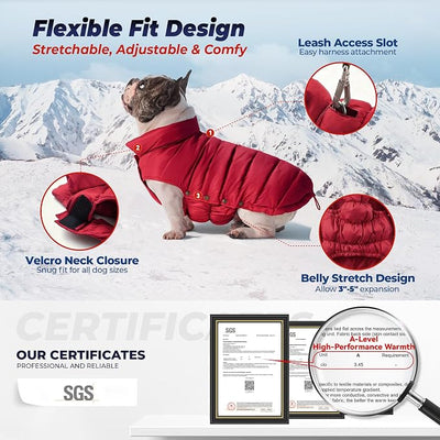 SPACE LION Dog Puffer Jacket, Down Winter Coat, Durable Outdoor Coat for Cold and Windy Conditions, Lightweight & Adjustable Fit Coats for Medium & Large Dogs, (Red, Size 16 Gift Box)