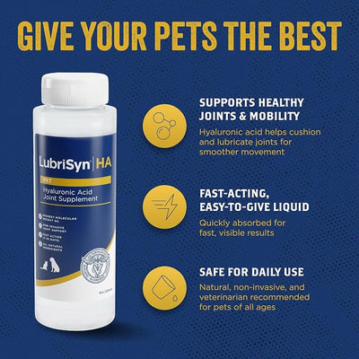 LubriSyn HA Hyaluronic Acid Hip & Joint Supplement for Dogs & Cats, Vet-Developed Oral HA, Original Pet & Equine Liquid Formula Supports Mobility, Cartilage Health & Comfort, 8 oz