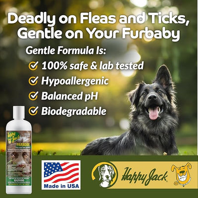 Happy Jack Paracide Flea & Tick Shampoo for Dogs & Cats, Medicated Treatment Shampoo Kills Fleas, Ticks & Mites on Contact, 30-Day Prevention, Deep Coat & Skin Protection for Sensitive Pets (8 oz)