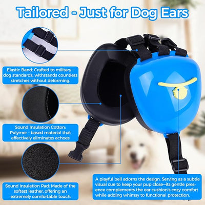 New Dog Ear Muffs for Noise Protection - 30dB NRR Dog Headphones, Noise Cancelling Hearing Protection Against Thunder/Fireworks/Vacuums, Upgraded Design with Bell Accent (Blue, Large)