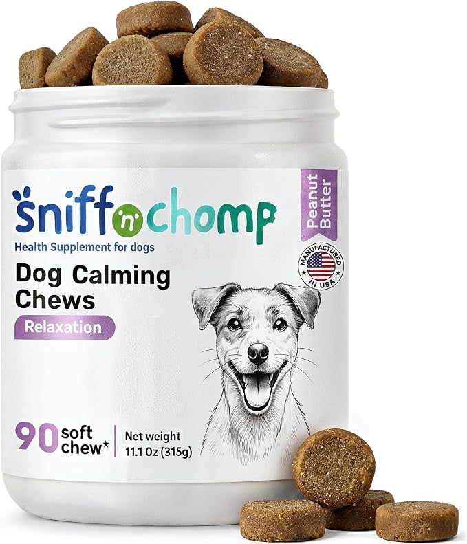 SNIFF 'N' CHOMP Dog Calming Chews, Peanut Butter Flavor, Natural Anxiety Relief with L-Theanine Chamomile Valerian Melatonin, Stress Support for All Breeds, Calming Dog Treats | 90 Soft Chews