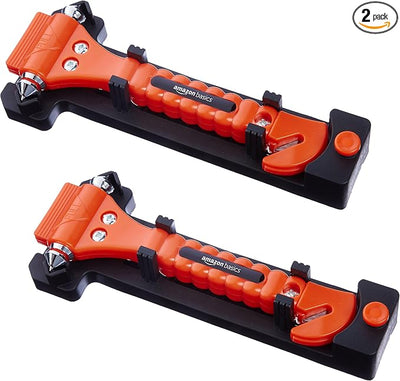 Amazon Basics Emergency Escape Tool, Window Breaker and Seatbelt Cutter, Car Safety Hammer with Protective Bracket, Bright Orange, 2 Pack, SW-835