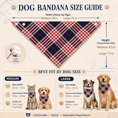 Preppy Red Navy Checkered Dog Bandana - Adjustable Soft Cotton Triangular Scarf for Boys and Girls Pet Scarf, Stylish Daily Walks.Medium