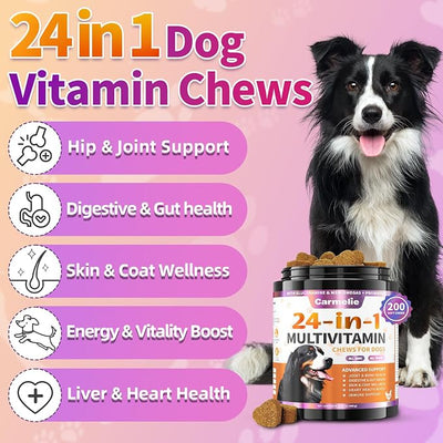 Carmelie Dog Vitamins, 24 in 1 Dog Vitamins and Supplements, 200 Chews with Glucosamine Probiotics Omega-3 Puppy Multivitamins Chewable for Hip & Joint, Skin & Coat, Immune Health, Digestive (Chicken)