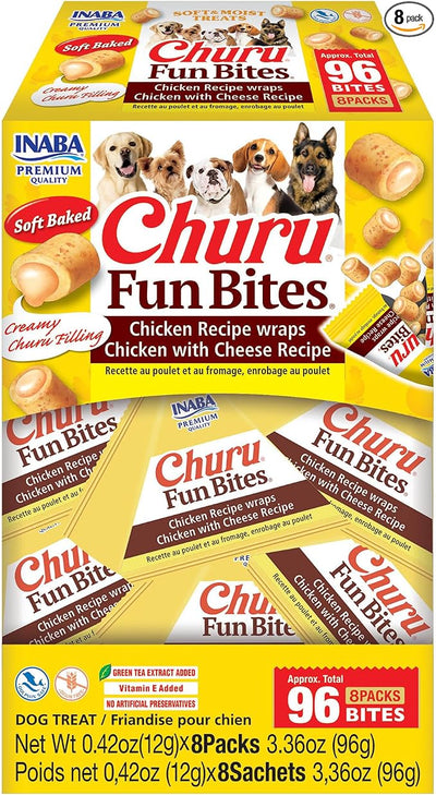 INABA Churu Fun Bites for Dogs, Soft & Chewy Dog Treats with Vitamin E, 0.42 Ounces per Tetra, 8 Tetras per Box, Chicken with Cheese Recipe