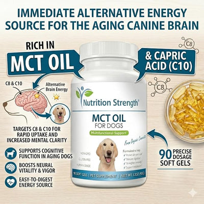 MCT Oil for Dogs from Organic Coconuts - Support Cognitive Function & Energy - Pure C8 & C10 Medium Chain Triglycerides - Boost Immunity & Senior Dog Brain Support, 90 Soft Gels