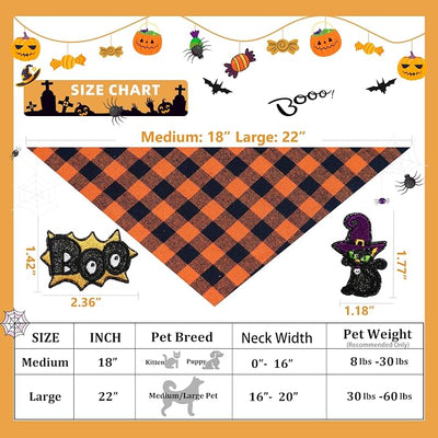 Dog Bandana Plaid,Boo & Witch Cat Embroidery Patches,Orange & Black Large