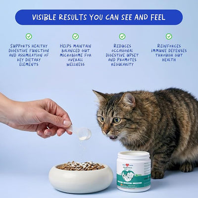 Probiotics for Cats Powder - Digestive, Gut & Diarrhea Support | With Inulin & Prebiotics. Supports gut health, reduces gas, diarrhea, constipation & allergy symptoms in cats.