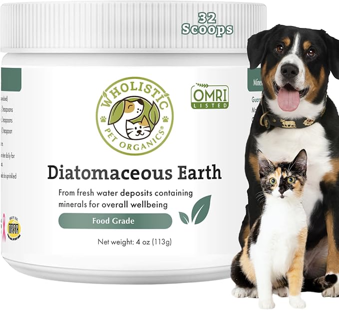 Wholistic Pet Organics Diatomaceous Earth - Food Grade for Dogs & Cats - 4 Oz - Multi Use Powder - Pet Safe Non-Chemical Freshwater Sourced Silica Supports Overall Health - Made in USA - 32 Scoops