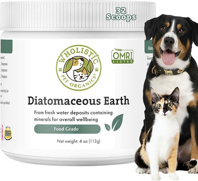Wholistic Pet Organics Diatomaceous Earth - Food Grade for Dogs & Cats - 4 Oz - Multi Use Powder - Pet Safe Non-Chemical Freshwater Sourced Silica Supports Overall Health - Made in USA - 32 Scoops