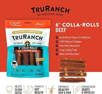 TRURANCH Collagen Rolls - 6" Collagen Rolls for Dogs - Long Lasting Healthy Joint Support - Rawhide Alternative - Skin & Coat Health - Made with Real Beef, Value Pack, 15 Bags, 60 Count