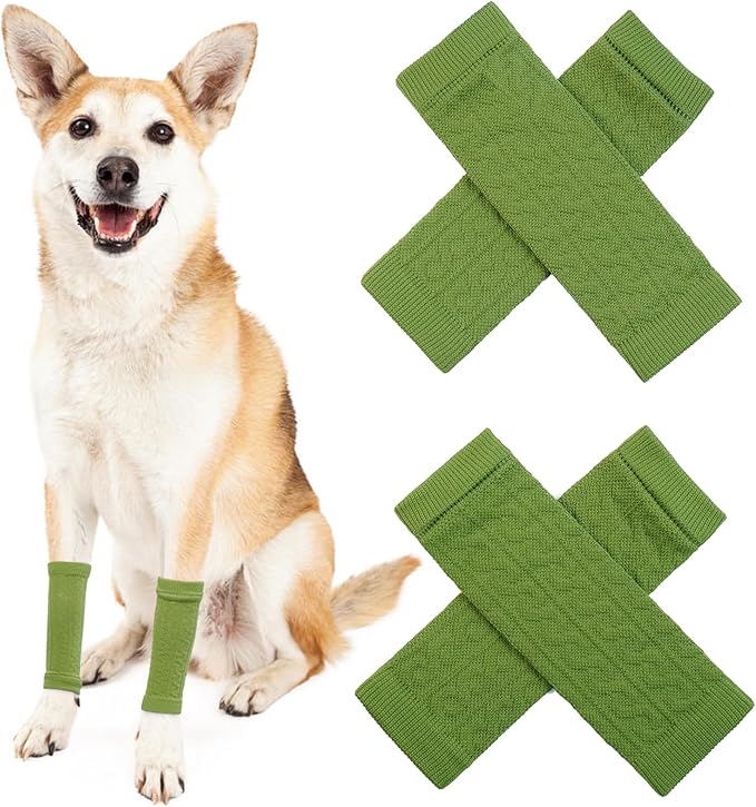 ROZKITCH Dog Leg Wraps to Stop Licking, 2PCS Front Leg and 2PCS Back Leg Knee, Dog Elbow Wrap, Dog Leg Warmer Wrap Protector, Pet Elastic Knitted Breathable Protective Socks Green 2XL