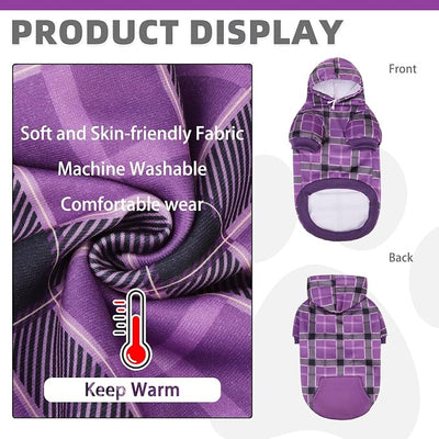 KOOLTAIL Plaid Dog Hoodie for Small Medium Large Dogs - Pet Clothes Sweater with Hat and Pocket for Cold Weather Winter, Warm Soft Dog Hooded Sweatshirt Coat Outfit for Puppy Cats Girls Boys Purple SM