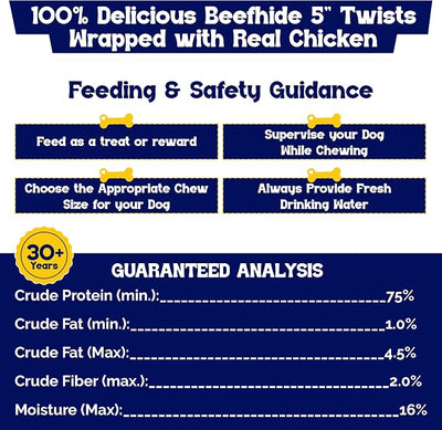 Beefeaters Beefhide 5in Twist Sticks with Real Chicken 26oz - Dog Rawhide Chews for Clean Teeth & Training, High Protein Dog Treat Chews, Chicken Wrapped Rawhide Sticks, No Artificial Colors or Flavor
