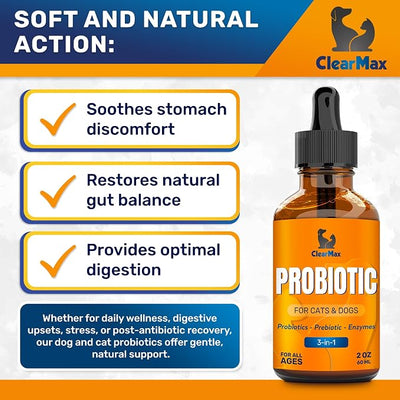 Liquid Probiotics for Dogs and Cats – 6 Billion CFU Pet Digestive Support – Dog Probiotics with Enzymes – Cat Probiotic Supplement – 2-oz Bottle